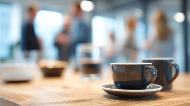 Two brown coffee cups sit on a wooden table in a blurred office background setting