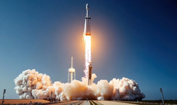 A rocket blasts off, ascending through the atmosphere with a fiery trail into the vast blue sky.