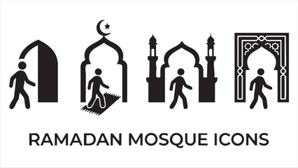 Ramadan Mosque Entrance Icon Set Featuring Muslim Man Figures Walking Through Islamic Arches and Prayer Room Doors in Flat Silhouette Style