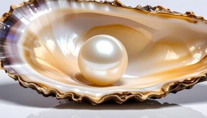 Close-up of a Lustrous Natural Pearl Resting on Iridescent Mother of Pearl Shell