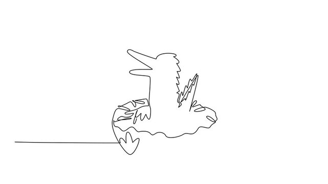 Animation of continuous line drawing of playful crocodile shows cute animal lying inside donut with sprinkle for dessert concept. Unique design features swamp reptile. Full length motion