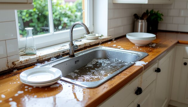Kitchen sink overflowing with water, causing a mess with dishes and countertop damage