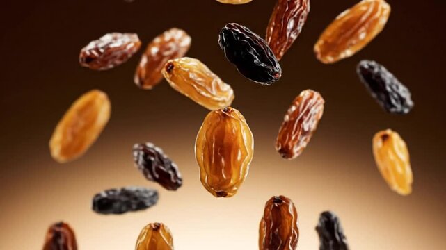 Gourmet raisins falling against a warm brown background to show textures and food details