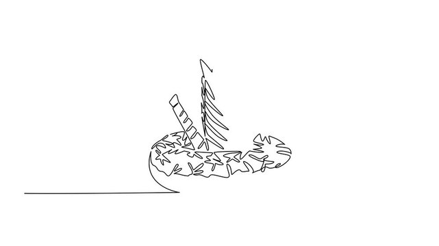 Animation of single line drawing of zebra shows cute safari animal sitting inside sweet donut for pastry concept. Unique design features the striped Africa creature. Full length motion
