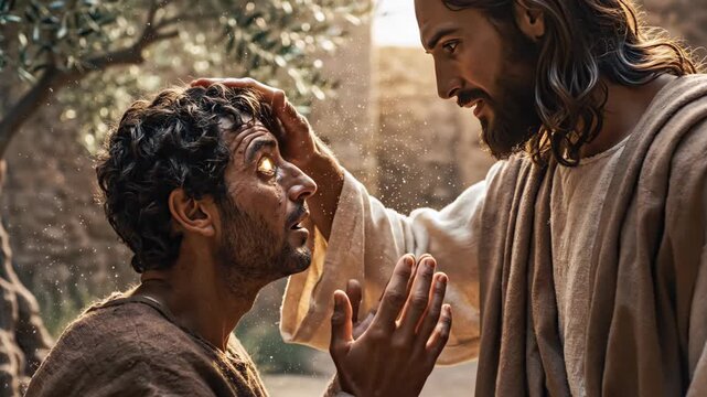 Jesus Christ performs a miracle of healing on a man. Divine light shines from his touch in a biblical scene. The power of faith, hope, and compassion