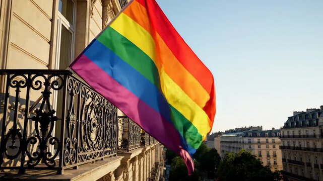 A rainbow LGBTQ pride flag waving from a balcony in Paris. The colorful symbol of the queer community celebrating freedom and equality. Pride month concept