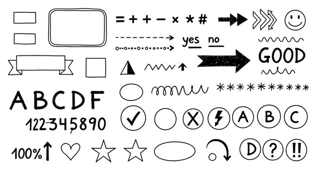A collection of various illustration elements including text symbols and shapes on a white background with icons.