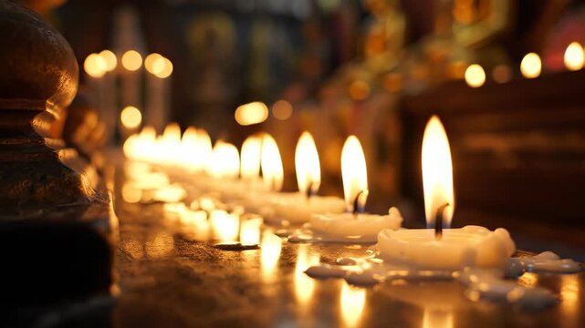 A row of burning candles with flickering flames in a dark temple. Close-up of warm candlelight for prayer and meditation. Spiritual worship and faith concept