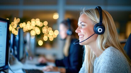 A smiling blonde woman wearing a headset, provides customer service with other employees nearby.