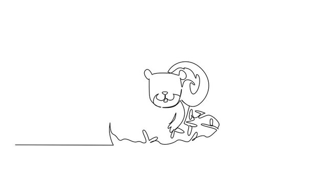Animation of continuous line drawing of cute squirrel depicts playful rodent animal lying inside sweet donut for food pastry concept. Simple illustration for forest animal lovers. Full length motion