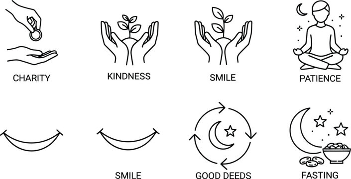 Islamic Virtues Icons: Charity, Kindness, Smile, Patience, Fasting