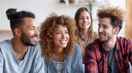 Fototapeta premium A diverse group of friends enjoying each other's company and sharing smiles indoors.