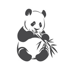 Black and White Pixel Art Graphic of a Panda Sitting and Eating Bamboo Leaves © SWORNALY