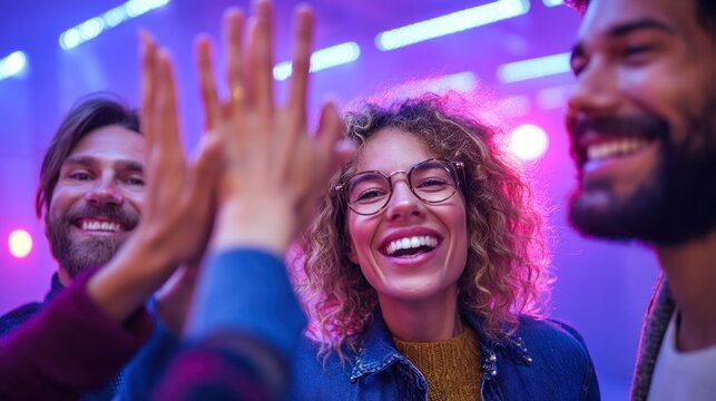 A joyful group of friends celebrates with a high five, sharing a moment of pure happiness.