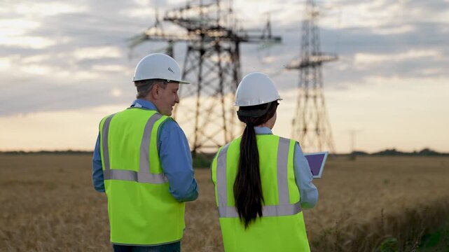 Electricity workers at substation site, Engineers monitoring electric grid, Renewable energy fieldwork, Utility staff coordinating fieldwork, Power grid engineering project, Fieldwork in energy sector