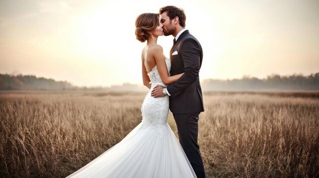 A romantic moment captured: a bride and groom sharing a kiss in a field.