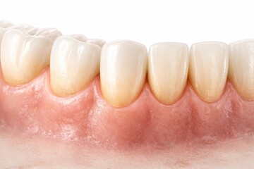 Fototapeta premium Close up view of healthy human teeth and gums on a white background, dental care