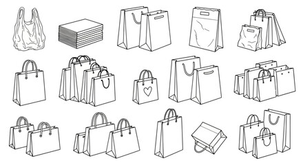 Various shopping bags and boxes are arranged on a surface for display.