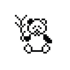 Fototapeta premium Pixel Art Panda Bear Eating Bamboo Silhouette, Black and White Retro Wildlife Illustration
