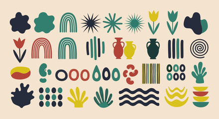 Vibrant graphic illustration of various shapes and patterns on a beige background