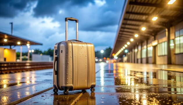 A well-traveled suitcase stands ready for a new adventure on a glistening, rain-slicked train station platform under ambient lighting