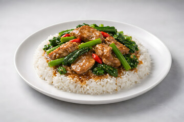 Fototapeta premium A plate of rice topped with savory meat and green vegetables.