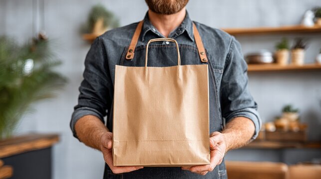 Man holding a blank brown paper bag in a shop setting.