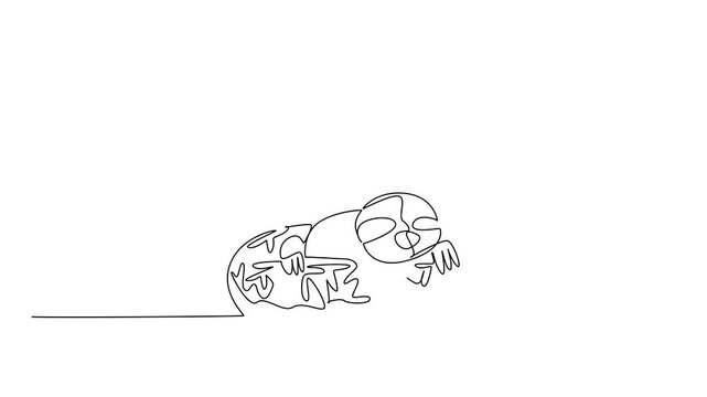Animated self drawing of single line drawing of adored sloth for pastry food concept shows cute lazy animal lying inside glazed donut. Simple sketch poster purpose. Full length one line animation