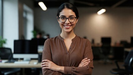 Naklejka premium Confident young hispanic female professional in modern office setting.