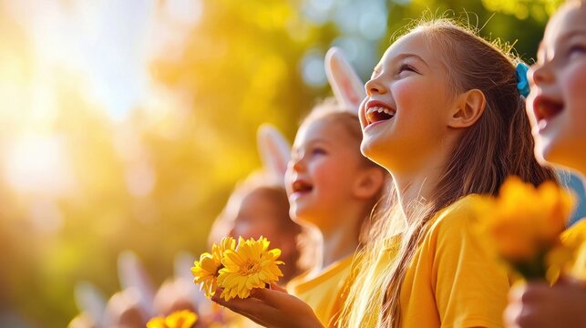Smiling children are joyful with flowers, and Easter bunny ears in a bright, sunny scene.