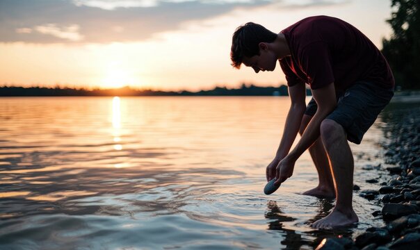 Young man gracefully skipping stones across the water at sunset, enjoying a moment of peace.