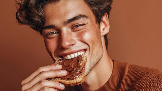 A delighted young man bites into a toast, covered with chocolate spread, radiating joy.