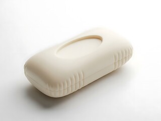 A rectangular soap bar with ridges and an oval indentation on a plain white surface viewed from an angle