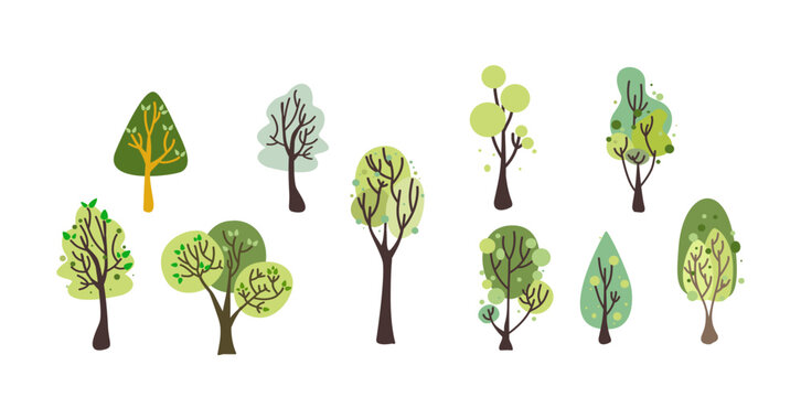 set of tree vector and leaf collection hand drawn flat design vector element for landscape design.