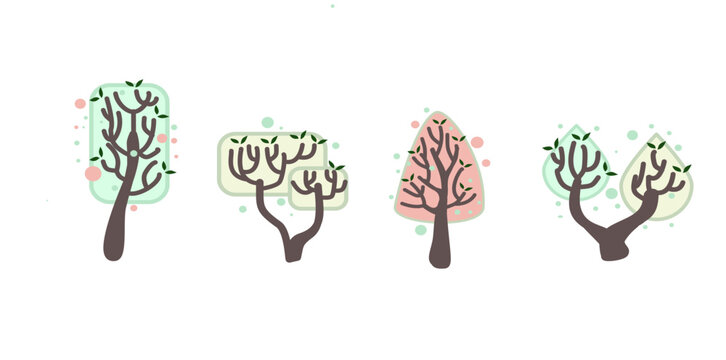 set of tree vector and leaf collection hand drawn flat design vector element for landscape design.