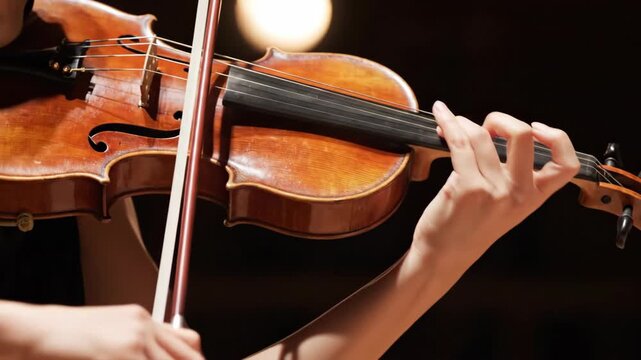 Close-up of a musician playing the violin. A woman's hands on the strings during a classical music performance. Skillful violinist in concert