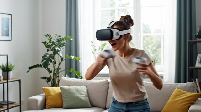 Happy woman playing a fun game with a virtual reality headset. Young person using VR controllers for an immersive experience at home. Modern technology and futuristic entertainment