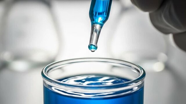 Time-lapse video of a blue liquid being carefully dropped into a glass container during a
