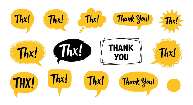 A colorful illustration of various thank you speech bubbles and signs on a white background with multiple expressions of gratitude.