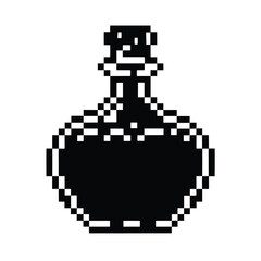 Pixel Art Magic Potion Bottle Silhouette, Black and White Retro Game Asset Vector Illustration