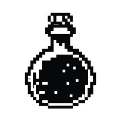 Obraz premium Black and White Pixel Art Potion Bottle Icon, Retro 8-bit Style Magic Flask Silhouette
