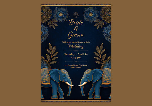Editable Elegant Indian Wedding Invitation Card Template with Two Elephant Illustration and Blue Golden Floral Design Theme.