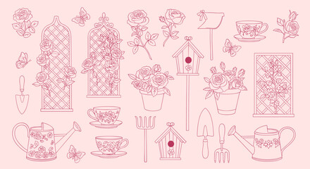 Fototapeta premium Charming Garden Elements Collection Rose Illustrations, Birdhouse, Watering Can, Trellis, and Butterflies on a Soft Pink Background
