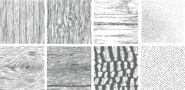 Eight monochrome textured patterns including wood grain planking and dot gradients