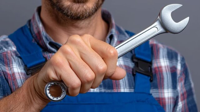 Mechanic wrench hand tool repair workshop maintenance worker mechanic wrench tool repair hand workshop maintenance worker holding open end wrench