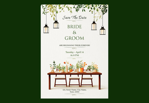 Editable Save the Date Wedding Invitation Card Template with Greenery Hanging Leaves and Rustic Table Decor Design.