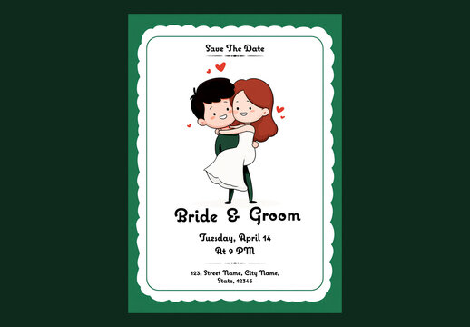 Editable Save the Date Wedding Invitation Card Template with Cute Cartoon Couple Illustration and Green White Frame Design.