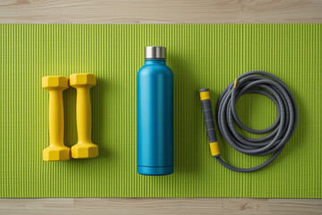 Fitness equipment laid out on a green yoga mat ready for exercise