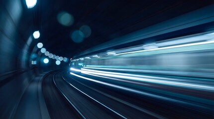 High-Speed Train with Light Trails in Illuminated Tunnel