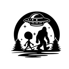 Alien and Bigfoot Walking Together Under UFO Silhouette Vector  © sohail